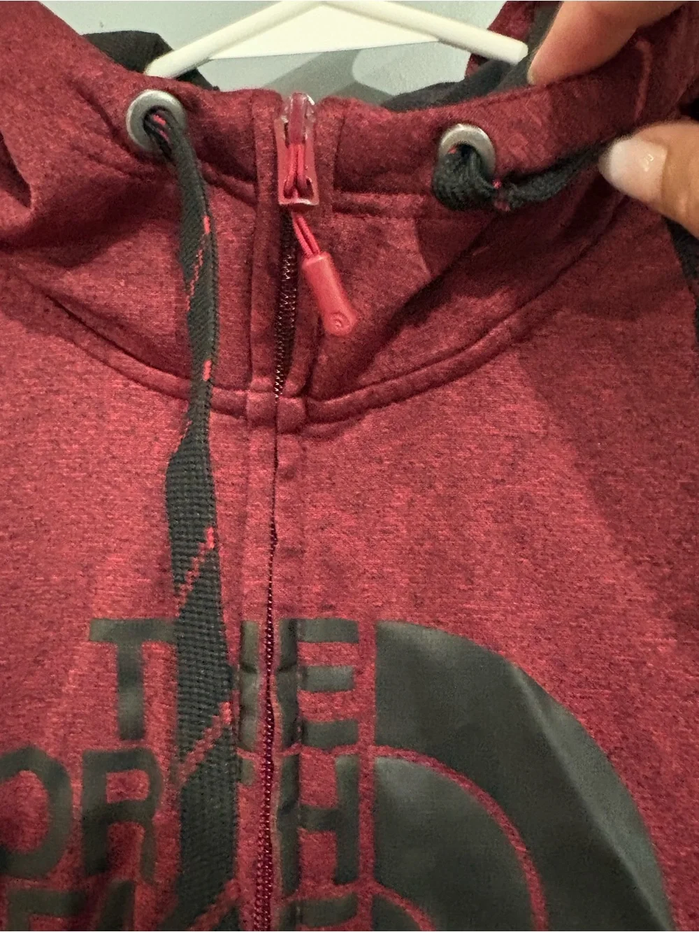 The North Face Mens Large Burgundy Fleece Full Zip Hoodie Logo Thumb Holes
